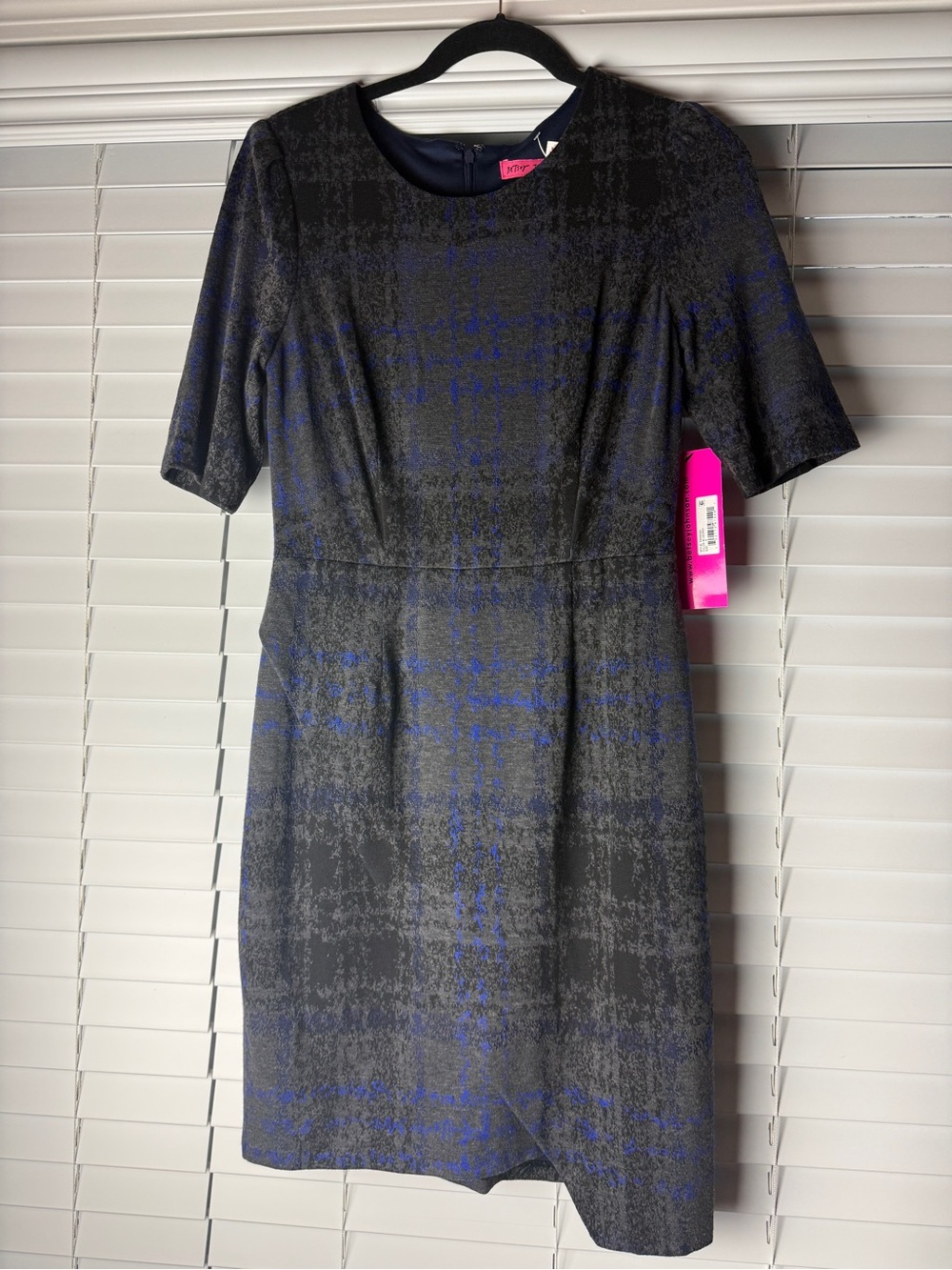Betsey Johnson Navy, Grey, and Black Plaid Midi Sheath Dress